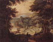  a wooded landscape with a hunting party at the edge of a lake,a castle beyond